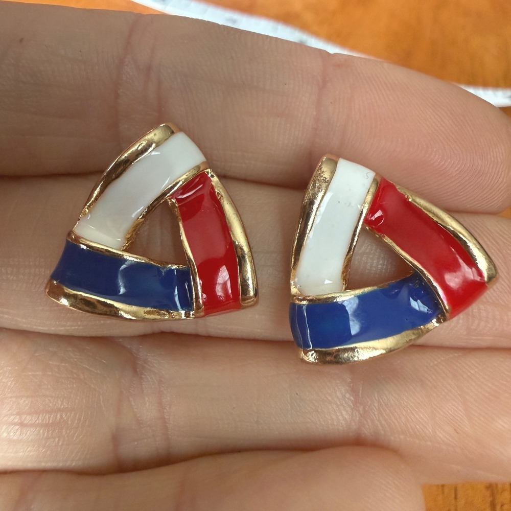 Vintage Red White Blue Enamel Triangle Stud Earrings Gold Tone Geometric Post
